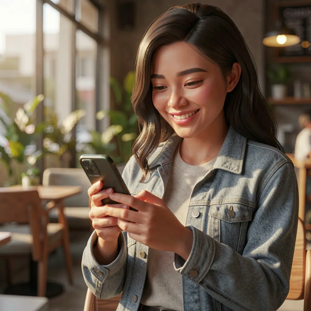 Indonesian woman smiling at her smartphone while using the 888WK casino app in a modern casual setting