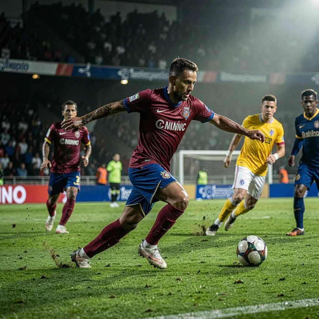 Intense soccer match with players competing for the ball in front of a packed stadium showcasing the excitement of live football betting with 888WK in Indonesia