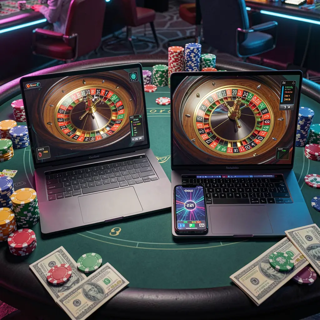 Stylish online casino scene with live roulette on laptop and mobile surrounded by chips and cash symbolizing immersive gaming at 888WK Indonesia